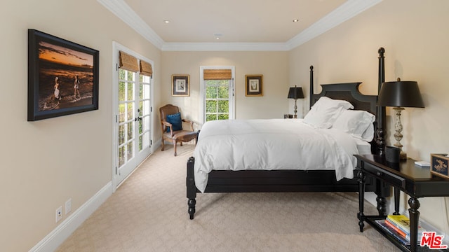 bedroom with light colored carpet and ornamental molding