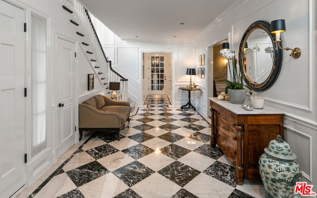 corridor featuring ornamental molding