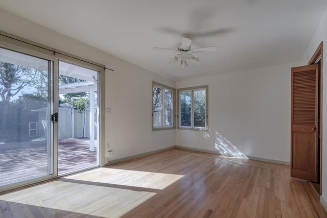 spare room featuring plenty of natural light, light hardwood / wood-style floors, and ceiling fan