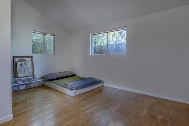 bedroom with multiple windows, light hardwood / wood-style floors, and lofted ceiling