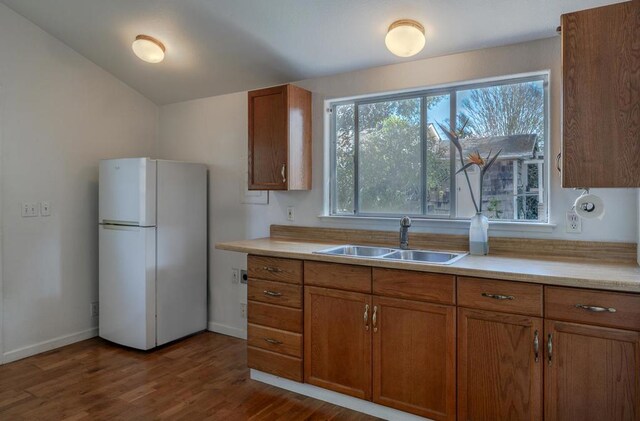 kitchen with hardwood / wood-style flooring, sink, and white fridge