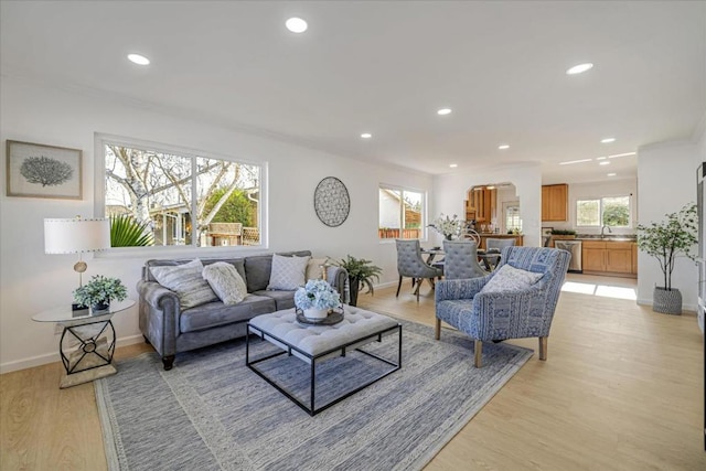 living room featuring sink and light hardwood / wood-style flooring