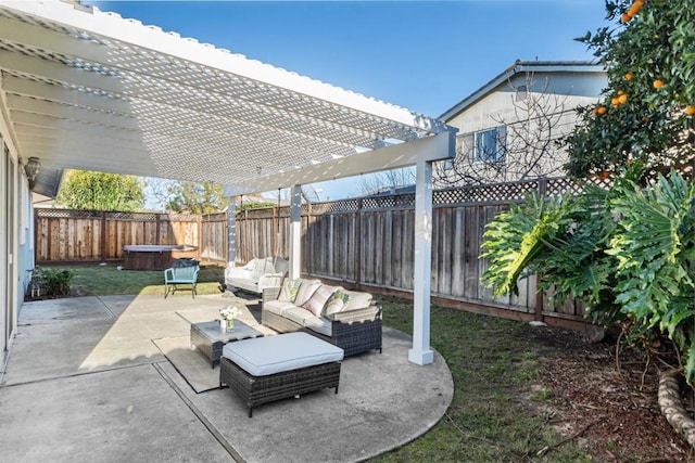 view of patio with a hot tub, outdoor lounge area, and a pergola