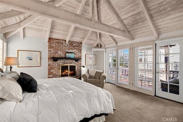 bedroom featuring access to exterior, vaulted ceiling with beams, wooden ceiling, carpet floors, and a fireplace