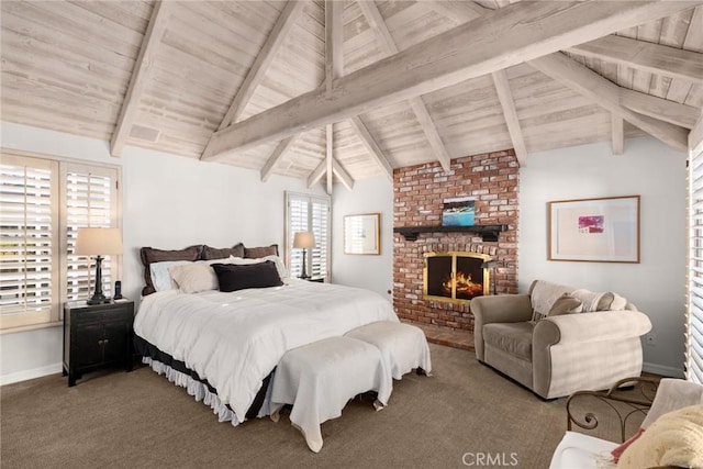 carpeted bedroom with wood ceiling, a brick fireplace, and vaulted ceiling with beams