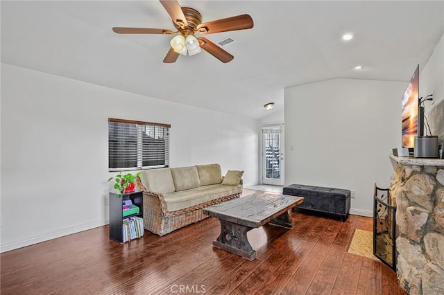 living room featuring visible vents, recessed lighting, lofted ceiling, ceiling fan, and hardwood / wood-style floors