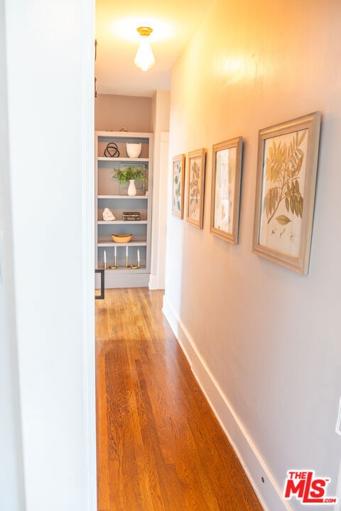 hall with hardwood / wood-style flooring and built in shelves