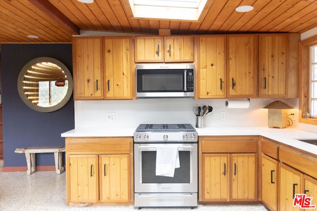 kitchen with a skylight and appliances with stainless steel finishes