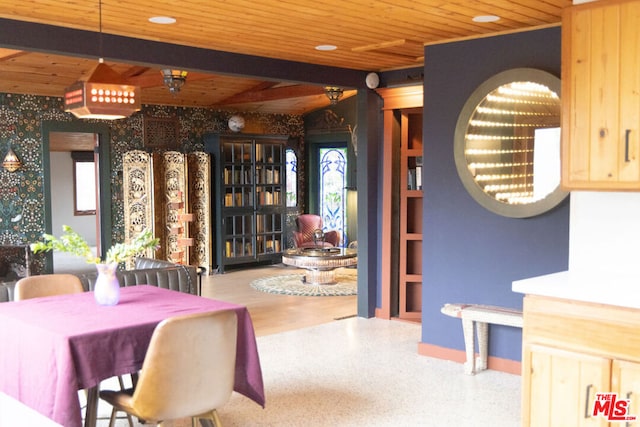 dining space featuring wooden ceiling and beam ceiling