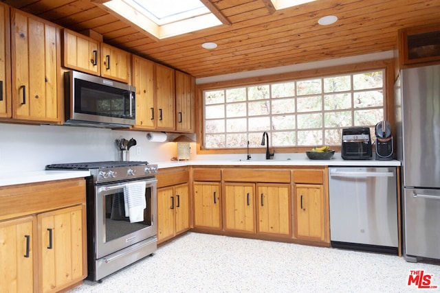 kitchen featuring wood ceiling, stainless steel appliances, a skylight, and sink