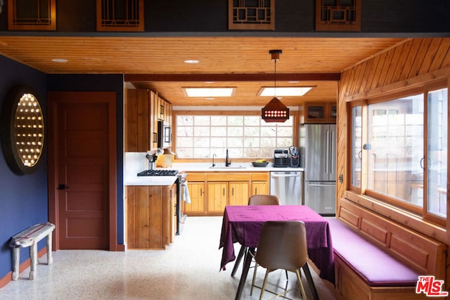 kitchen with pendant lighting, wood walls, sink, stainless steel appliances, and a healthy amount of sunlight