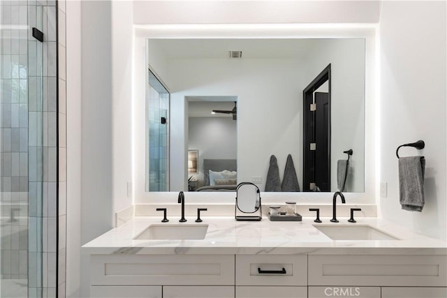 bathroom with vanity and walk in shower