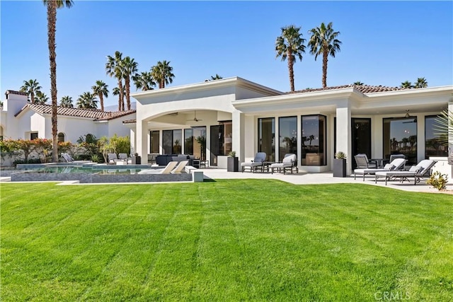 back of house featuring ceiling fan, a patio area, and a lawn