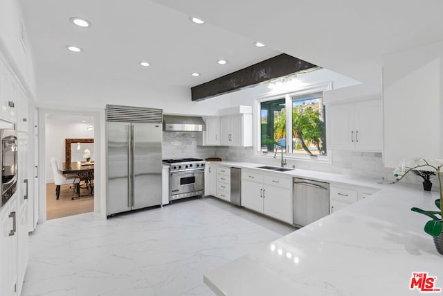 kitchen with sink, high end appliances, tasteful backsplash, white cabinets, and wall chimney exhaust hood