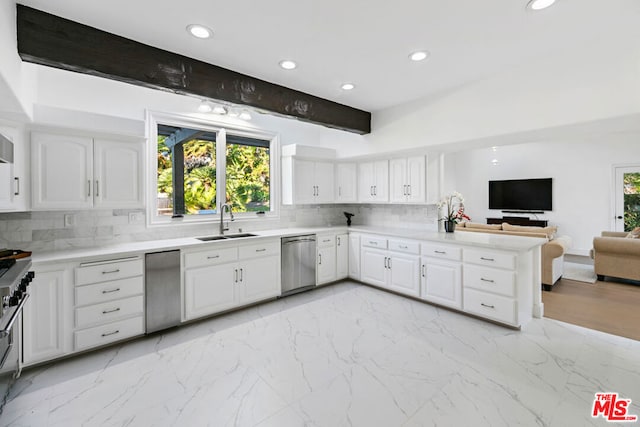 kitchen featuring stainless steel appliances, sink, white cabinets, and beamed ceiling