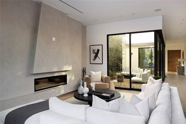 living room featuring a fireplace and wood-type flooring