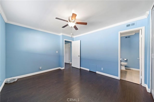 unfurnished bedroom featuring crown molding, ceiling fan, and dark hardwood / wood-style flooring