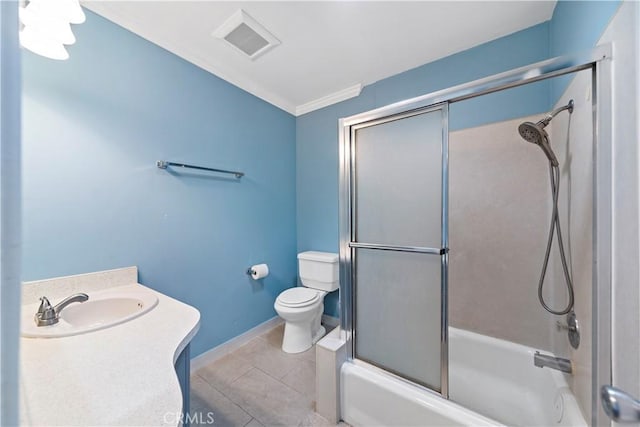 full bathroom with sink, combined bath / shower with glass door, tile patterned flooring, ornamental molding, and toilet