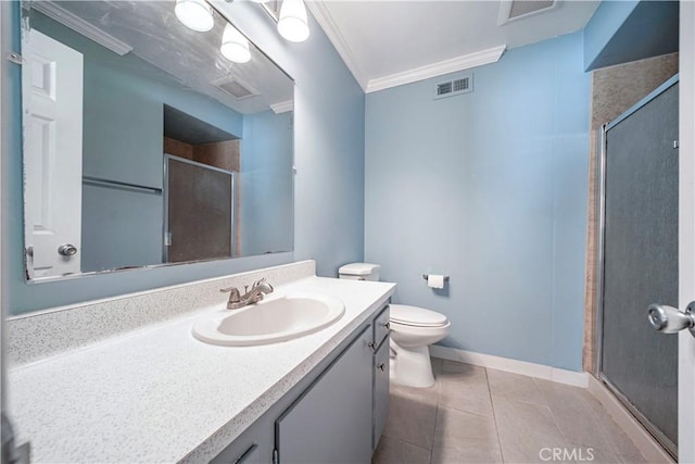 bathroom with crown molding, an enclosed shower, and tile patterned floors