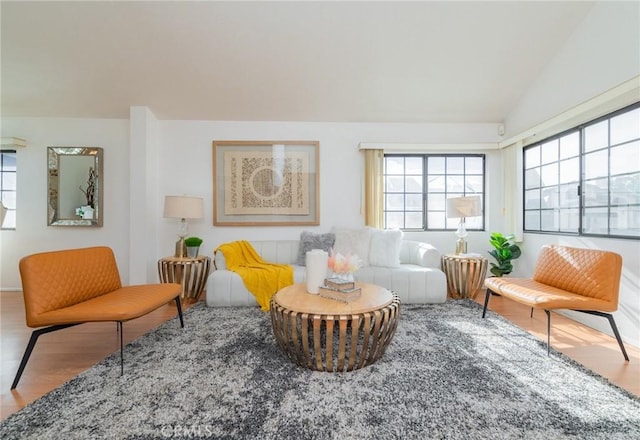 living room with vaulted ceiling and hardwood / wood-style floors