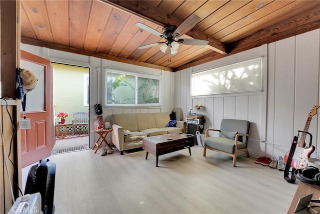 sitting room featuring ceiling fan, wood ceiling, light hardwood / wood-style floors, and beamed ceiling