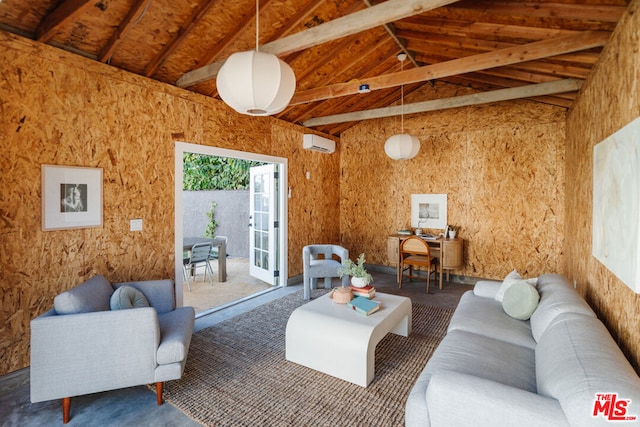 living room featuring concrete flooring, high vaulted ceiling, and beamed ceiling