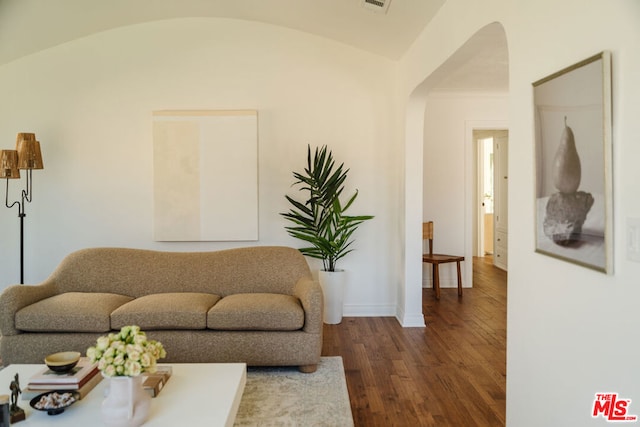 living room featuring lofted ceiling and dark hardwood / wood-style floors