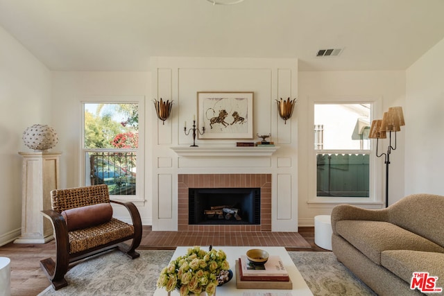 living area featuring hardwood / wood-style flooring and a fireplace