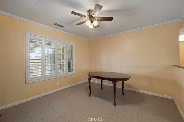 interior space with crown molding and ceiling fan