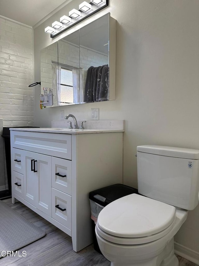 bathroom with vanity, wood-type flooring, and toilet