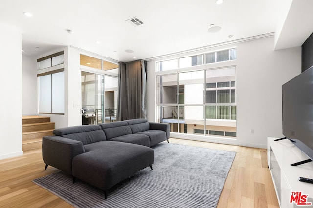 living room featuring a healthy amount of sunlight, light wood-type flooring, and a wall of windows