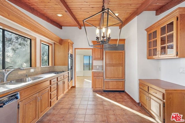 kitchen featuring sink, decorative light fixtures, wooden ceiling, stainless steel dishwasher, and double oven