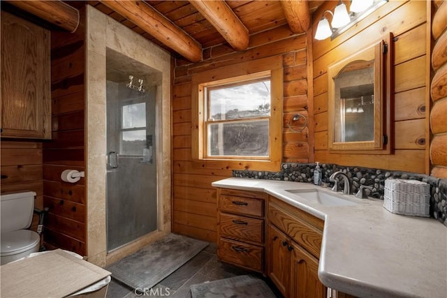 full bathroom featuring wood walls, toilet, wood ceiling, beam ceiling, and a stall shower