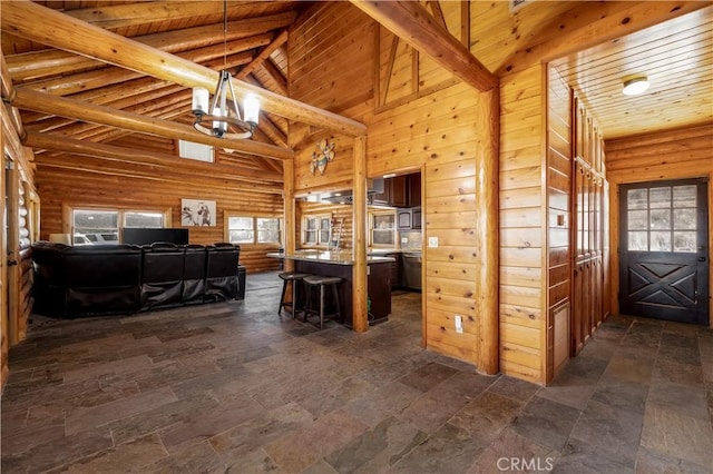 office space with high vaulted ceiling, beam ceiling, wood ceiling, stone finish floor, and visible vents