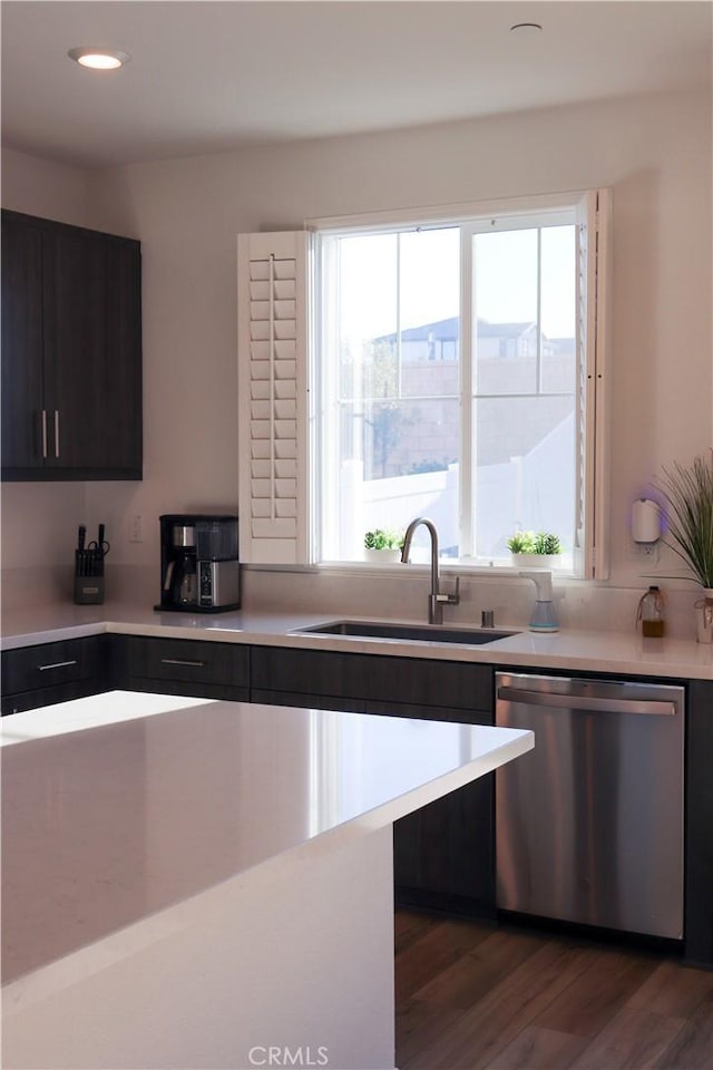 kitchen featuring dark wood-type flooring, stainless steel dishwasher, sink, and dark brown cabinets