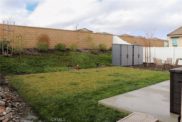 view of yard with a patio and a storage unit