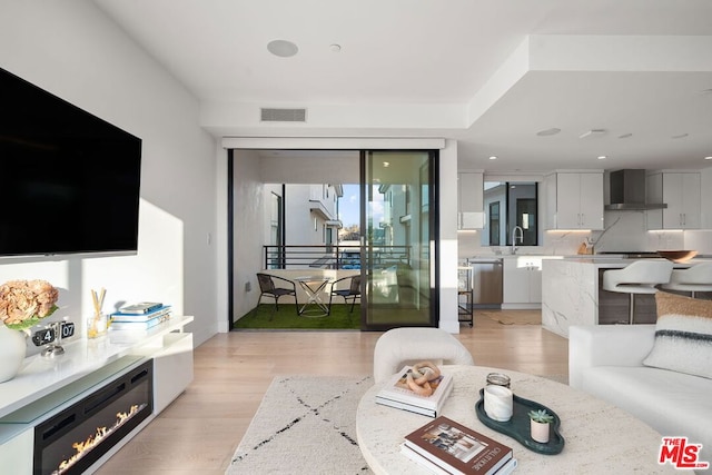 living room featuring sink and light hardwood / wood-style flooring