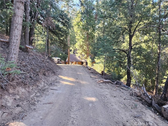 view of street with dirt driveway and a forest view