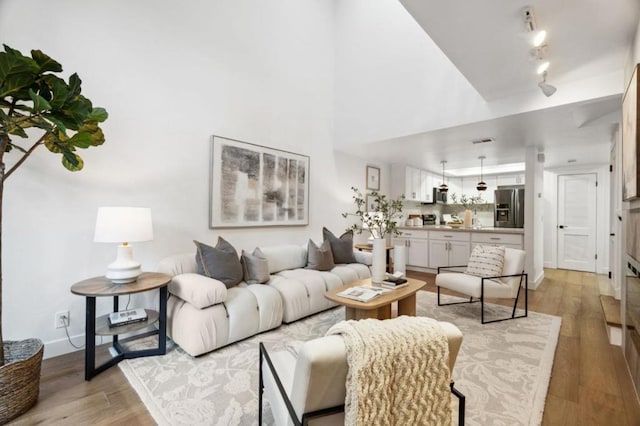 living room with rail lighting and light hardwood / wood-style floors