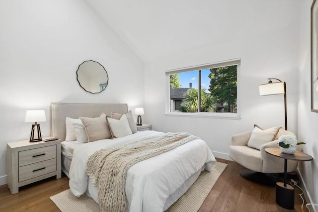 bedroom featuring lofted ceiling and dark wood-type flooring