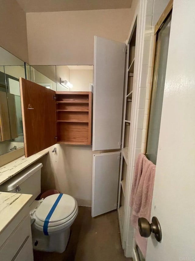 bathroom with vanity, toilet, and walk in shower