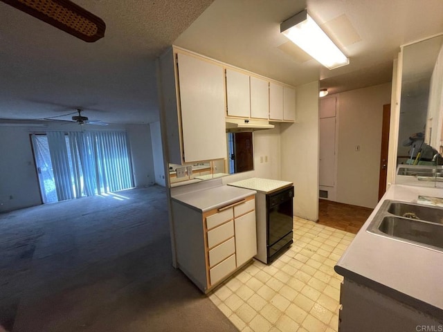 kitchen with ceiling fan, sink, and white cabinets