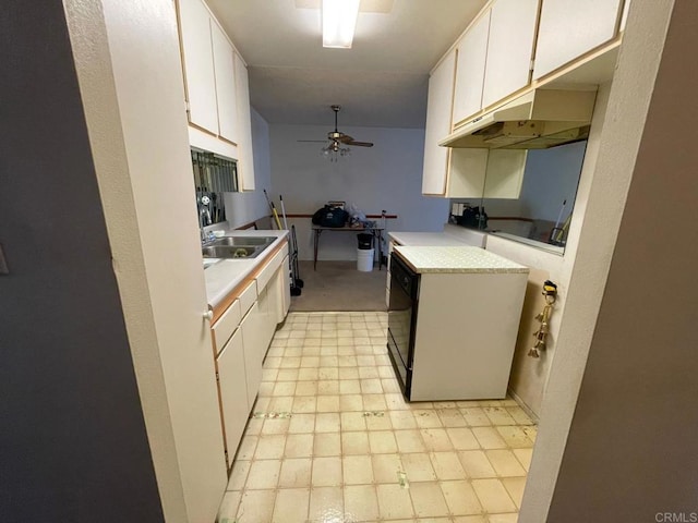 kitchen with white cabinetry, ceiling fan, and sink