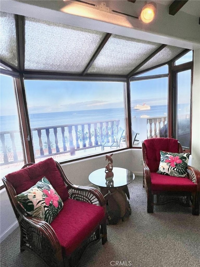 interior space with carpet flooring, baseboards, and a water view