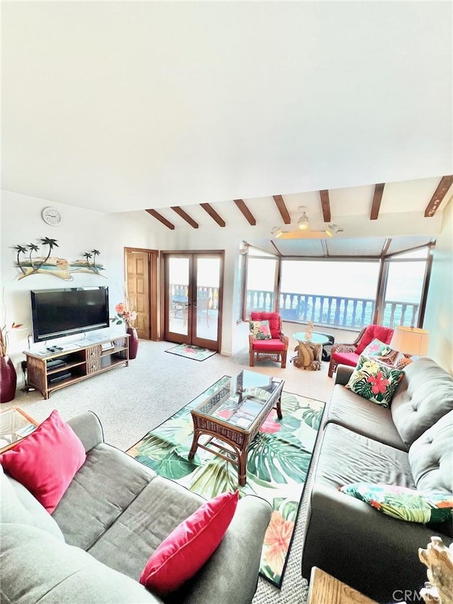 living room featuring carpet flooring and french doors