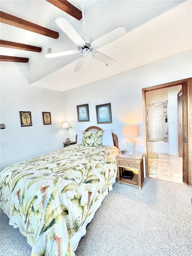 30 Camino De Flores Unit 71, Avalon, CA 90704 - carpeted bedroom featuring beam ceiling, ceiling fan, and connected bathroom