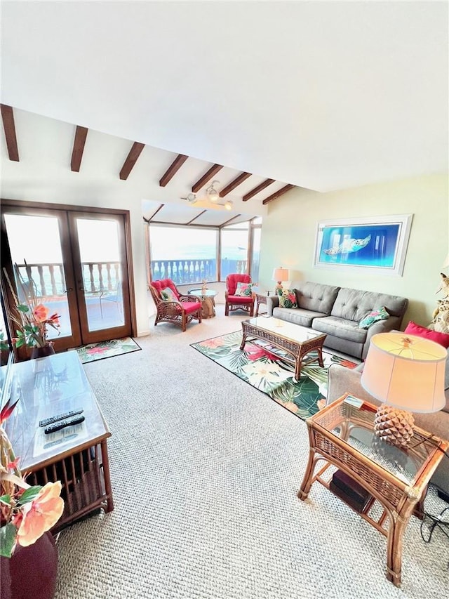 30 Camino De Flores Unit 71, Avalon, CA 90704 - carpeted living area featuring french doors and beamed ceiling