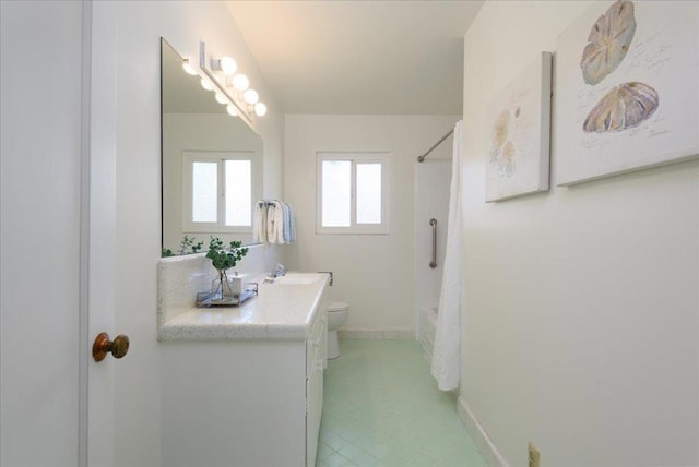 full bathroom with vanity, toilet, and shower / washtub combination