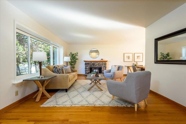 living room featuring a fireplace and wood-type flooring