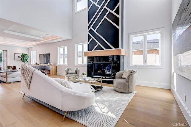 living room featuring light hardwood / wood-style floors, a raised ceiling, and a high ceiling